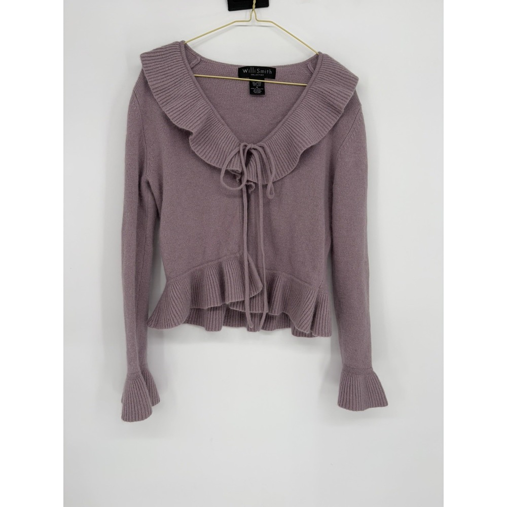 Willi Smith Lilac Wool Blend Tie Front Cardigan Sweater Ruffle Bell Sleeve Sz M